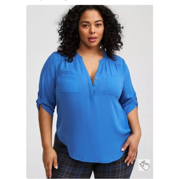 Torrid Womens Blue Button-Up Blouse With Roll Tab Sleeves - Picture 2 of 9
